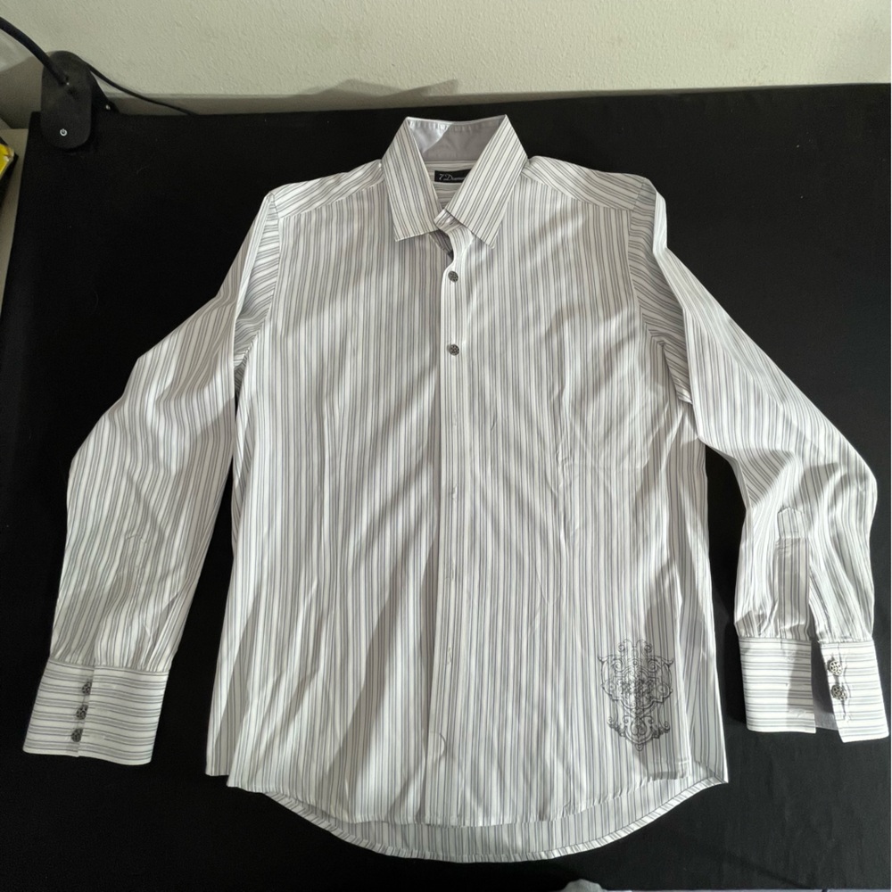 7 Diamonds White and Gray Striped Dress Shirt